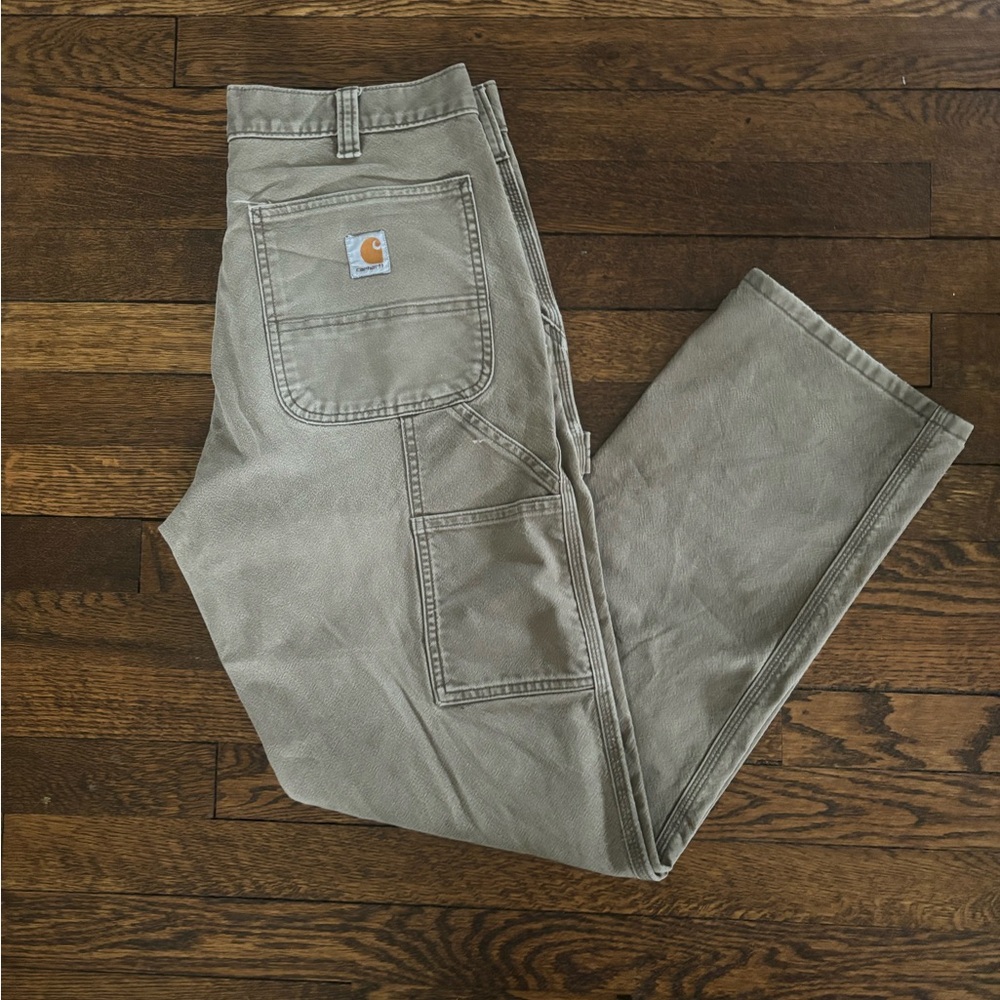Vintage relaxed fit 32” carhartt cargo pants light green/khaki patch pants